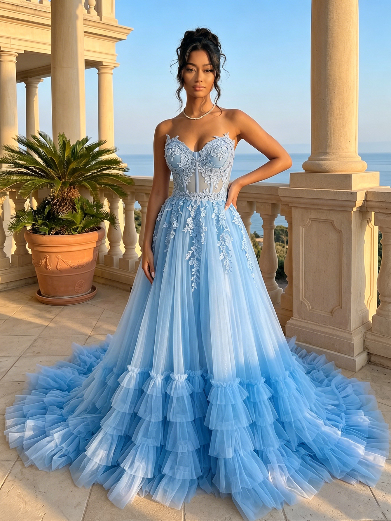 Strapless Sweetheart Lace Corset A-Line Tulle Prom Dress with Ruffles