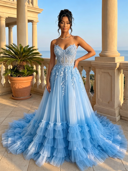 Strapless Sweetheart Lace Corset A-Line Tulle Prom Dress with Ruffles