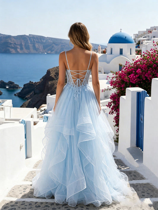 front view of spaghetti strap lace corset tulle prom dress with ruffle skirt for prom and evening events.