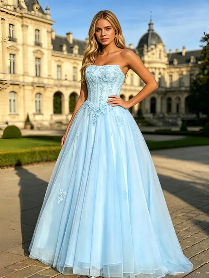 alternate angle of strapless lace corset ball gown with tulle a-line skirt for special occasions.