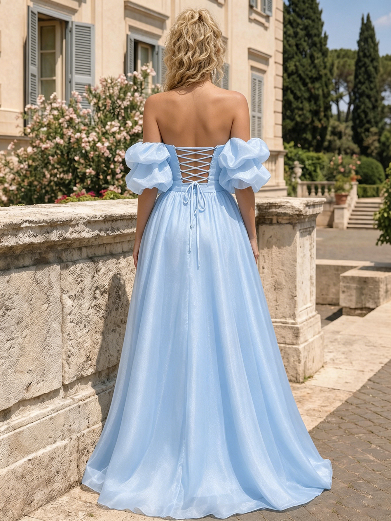 front view of spaghetti strap beaded corset satin prom dress with high slit for prom and evening events.