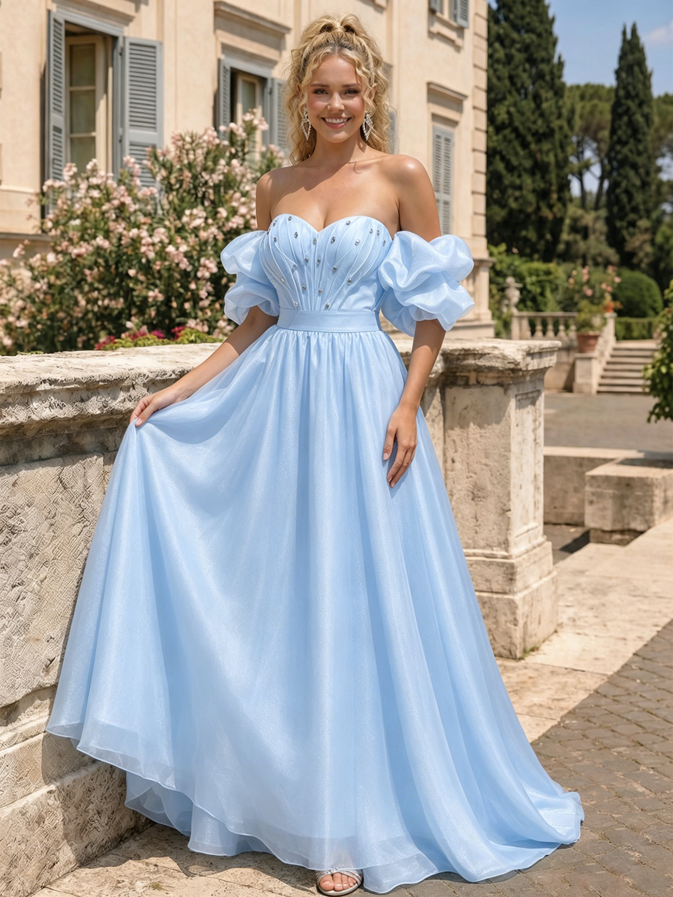 close-up of spaghetti strap beaded corset satin prom dress with high slit highlighting corset and skirt detail.