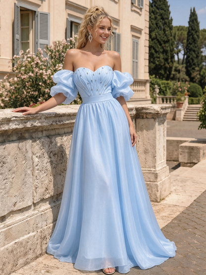 alternate angle of spaghetti strap beaded corset satin prom dress with high slit for special occasions.