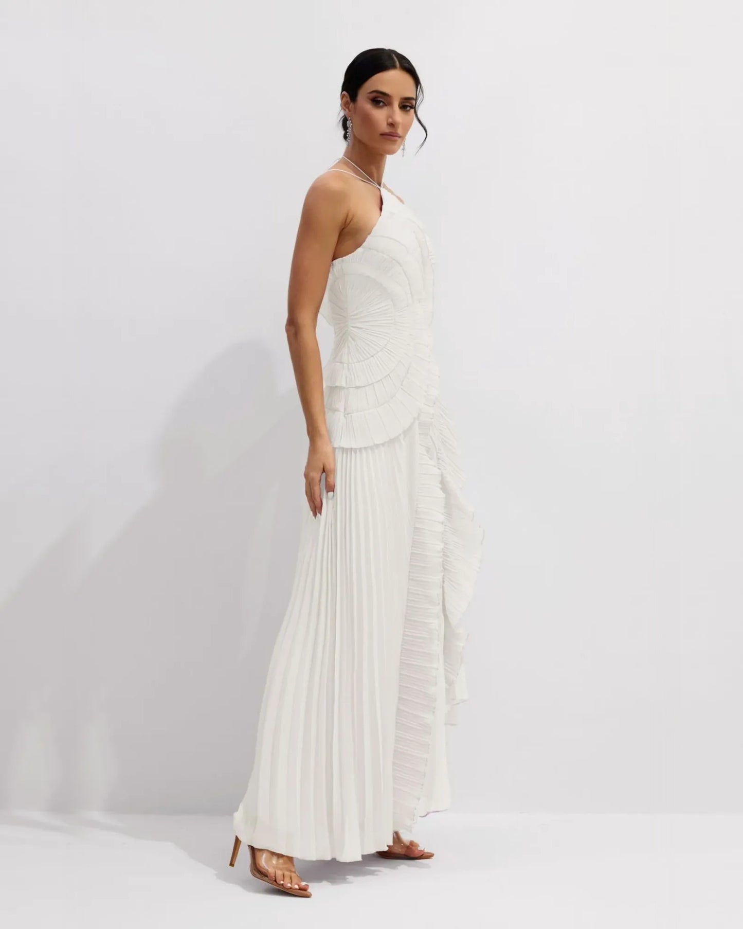 Asymmetrical Halter Chiffon Formal Dress with Pleated Ruffles