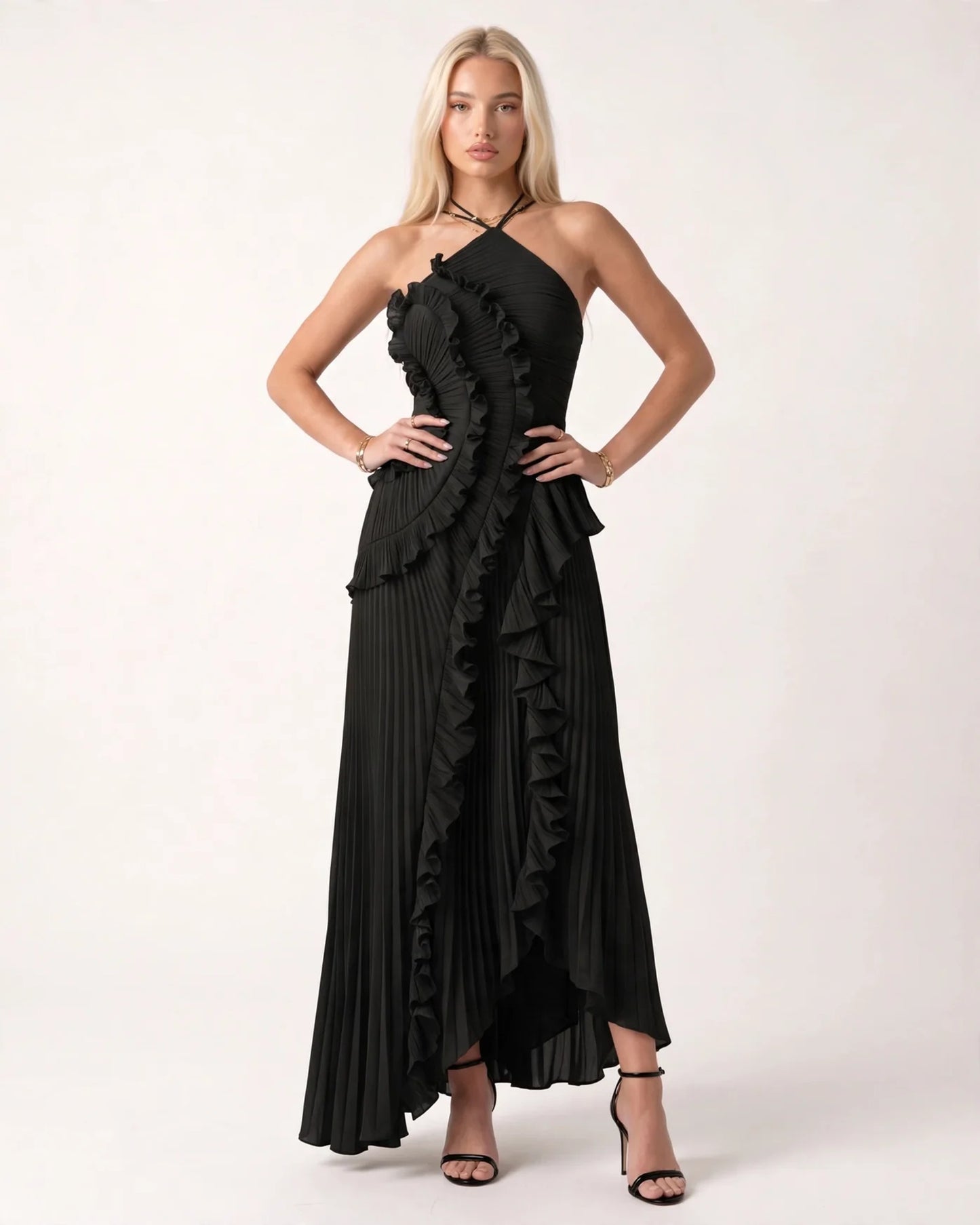 Asymmetrical Halter Chiffon Formal Dress with Pleated Ruffles