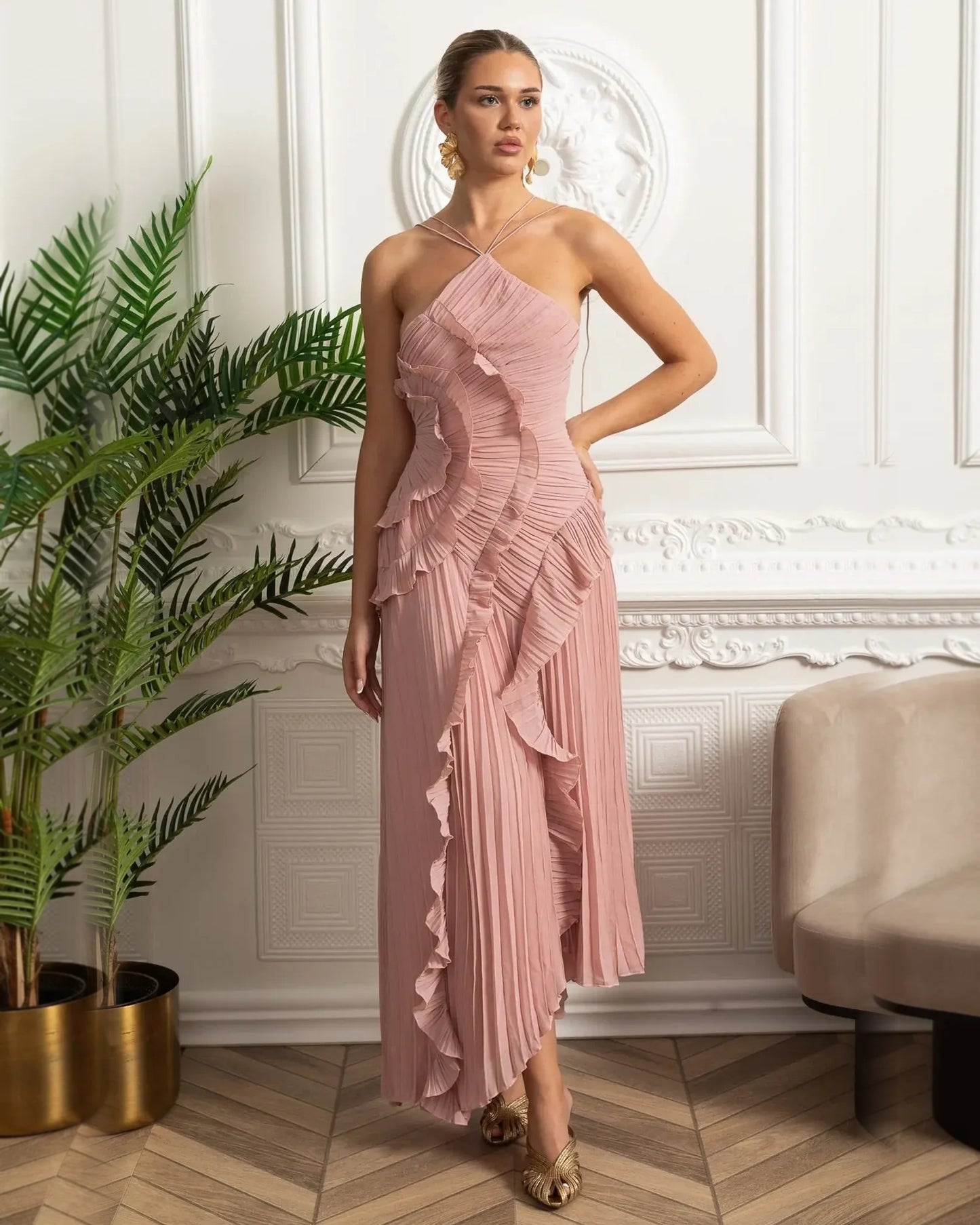 Asymmetrical Halter Chiffon Formal Dress with Pleated Ruffles