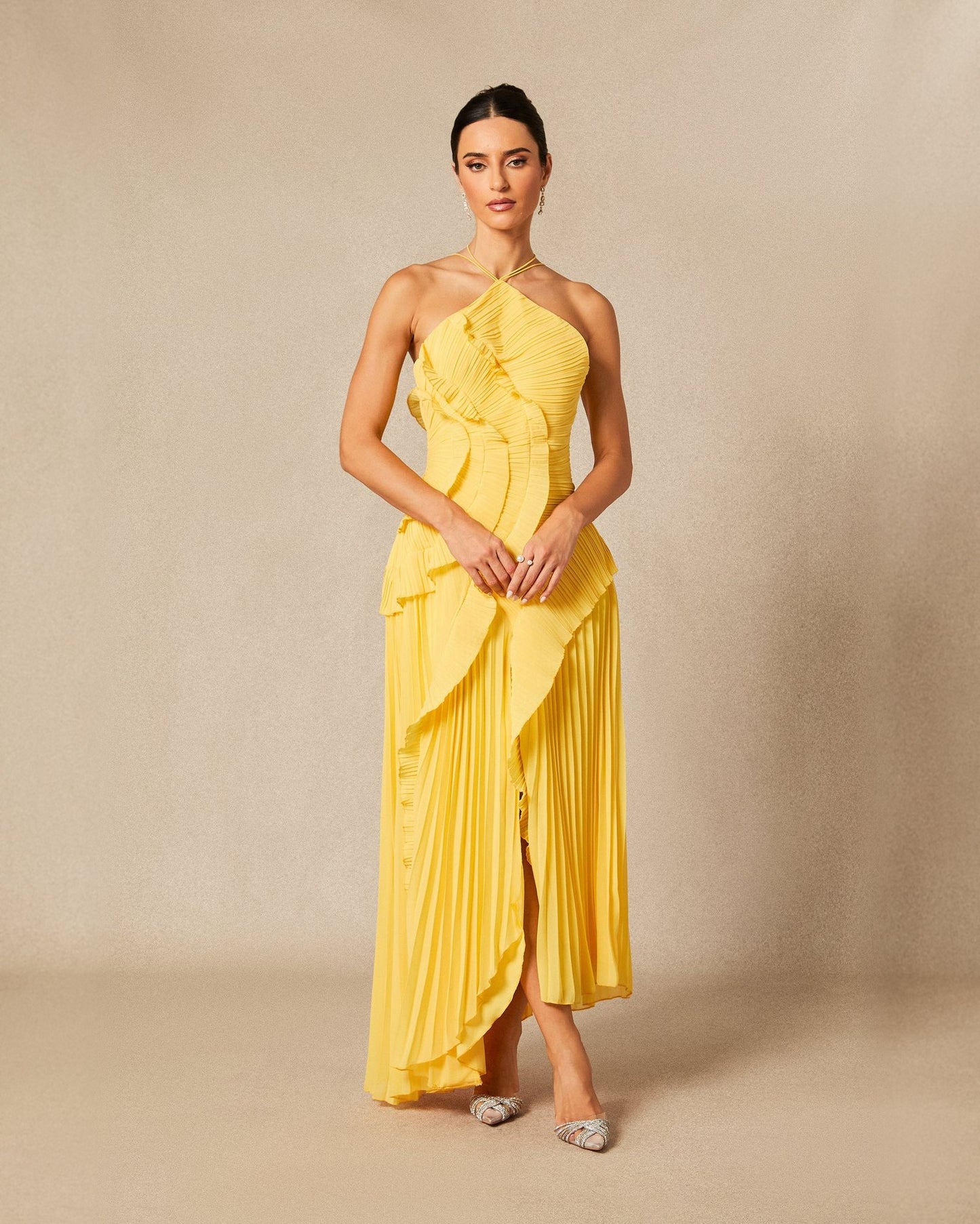 Asymmetrical Halter Chiffon Formal Dress with Pleated Ruffles