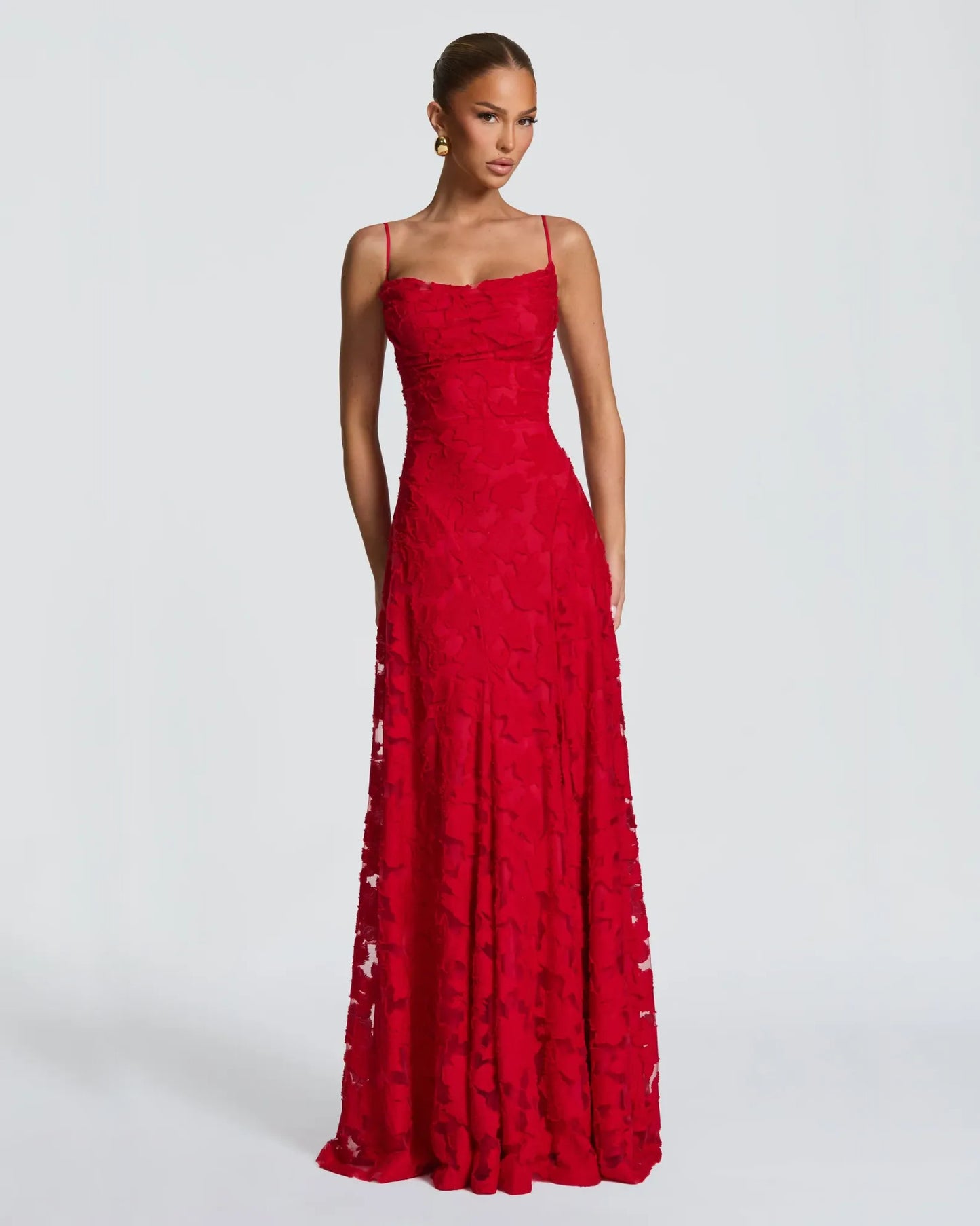 Cowl Neck Floral Lace A-Line Formal Dress with Lace-Up Back