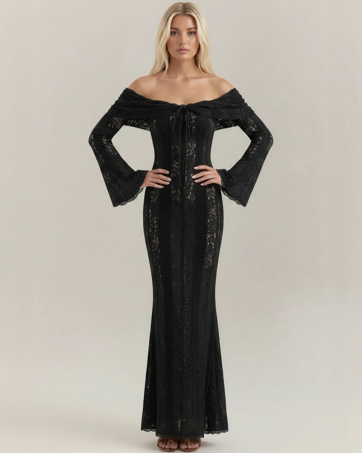 Off-Shoulder Bell Sleeve Lace Mermaid Formal Dress