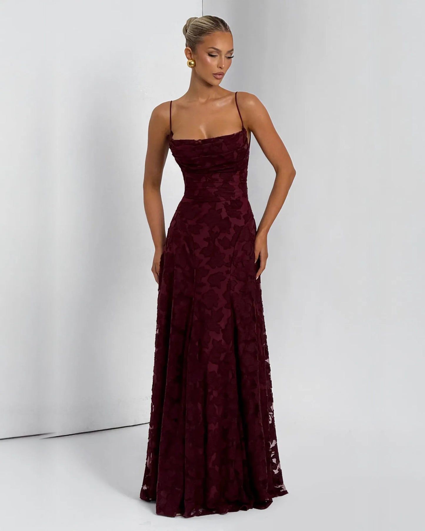 Cowl Neck Floral Lace A-Line Formal Dress with Lace-Up Back
