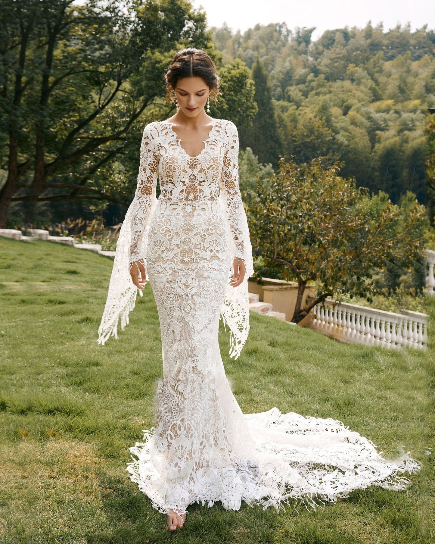 Fringe Bell Sleeve Lace Mermaid Wedding Dress