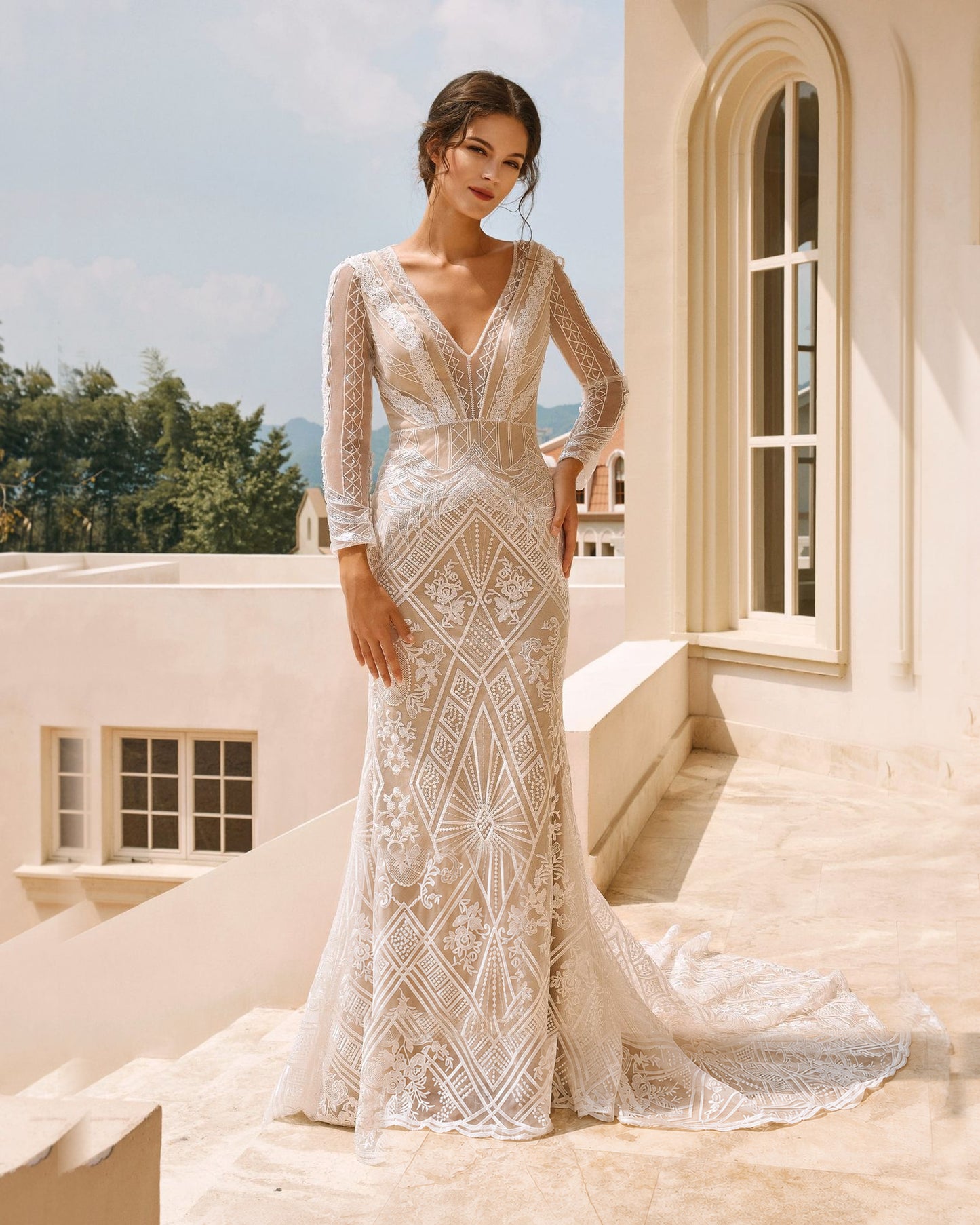 Long Sleeve Geometric Lace Mermaid Wedding Dress