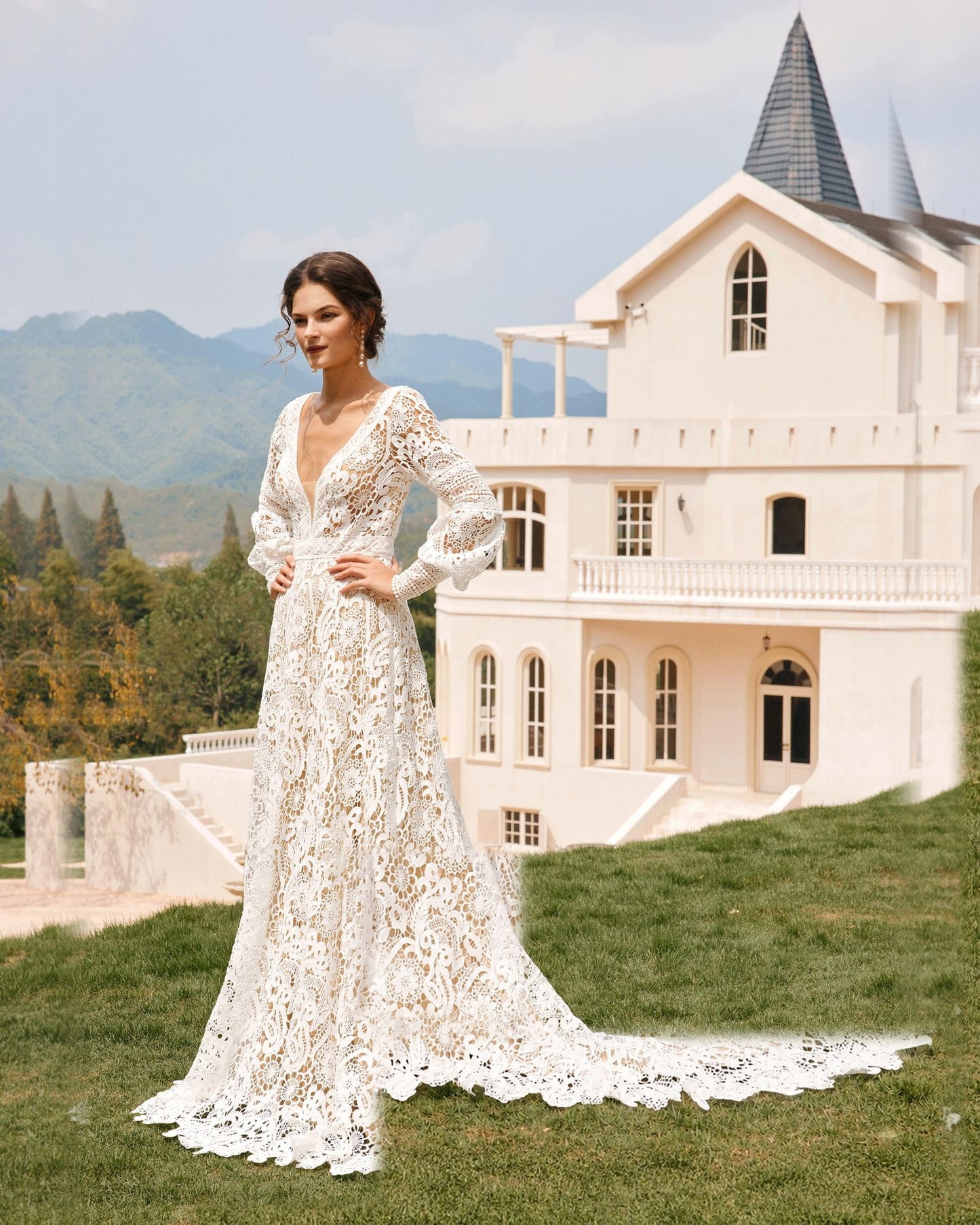 Boho Bishop Sleeve Crochet Lace Wedding Dress