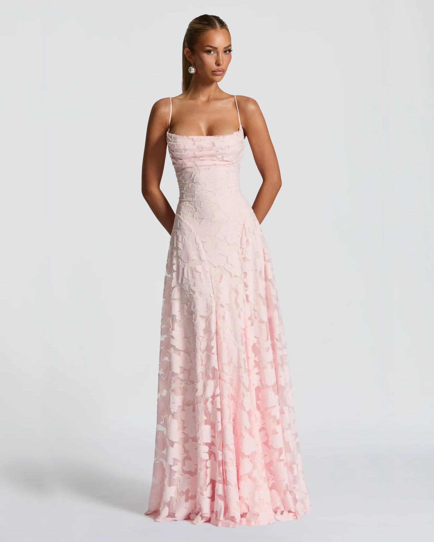 Cowl Neck Floral Lace A-Line Formal Dress with Lace-Up Back