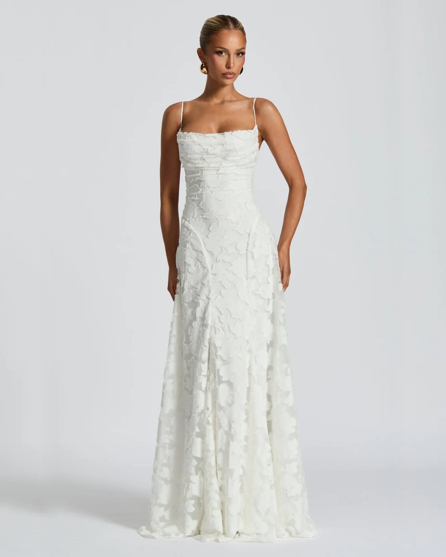 Cowl Neck Floral Lace A-Line Formal Dress with Lace-Up Back