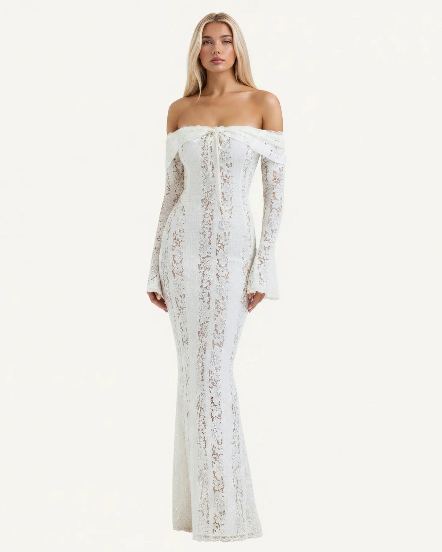 Off-Shoulder Bell Sleeve Lace Mermaid Formal Dress