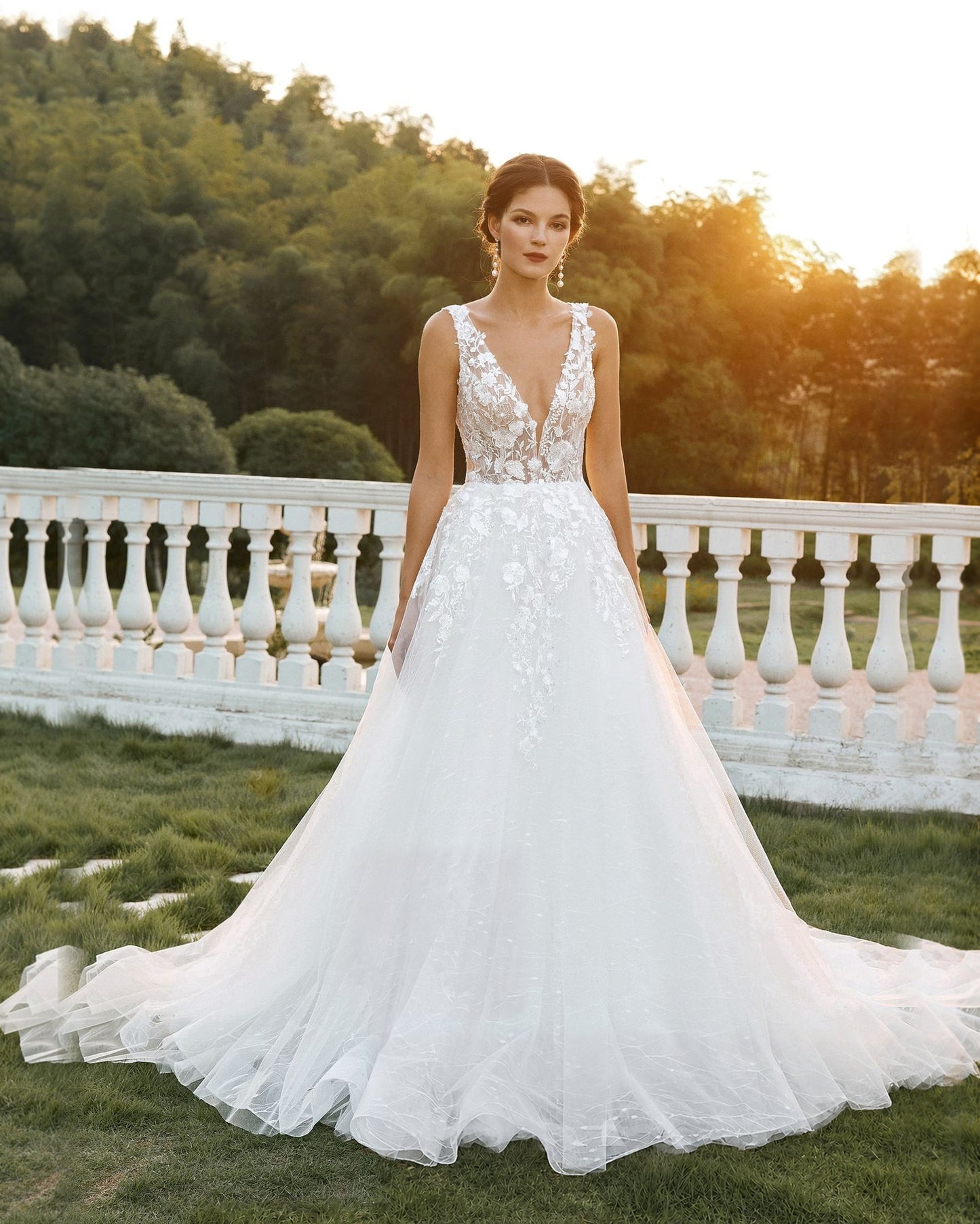 Plunging V-Neck Lace Tulle Ball Gown Wedding Dress