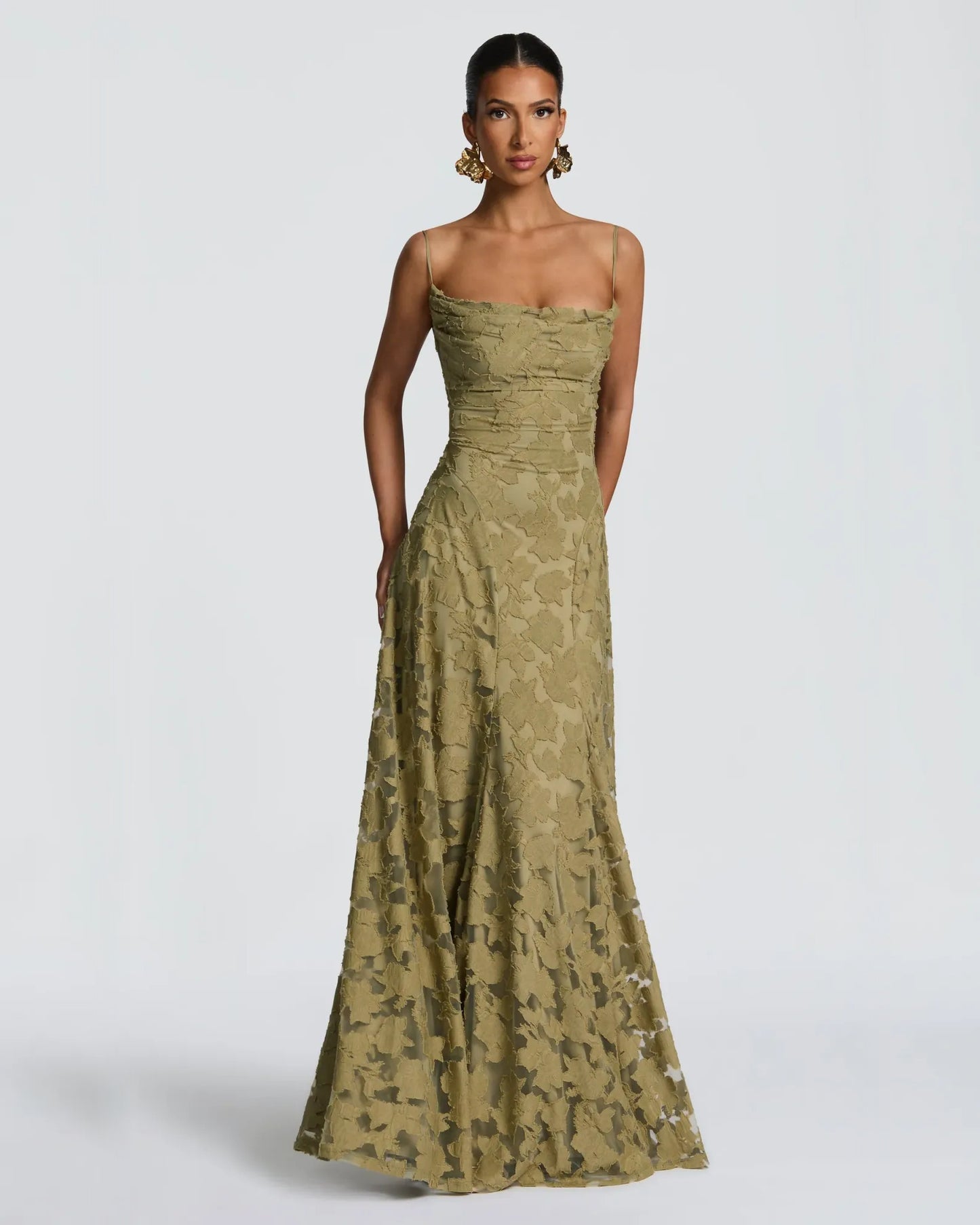Cowl Neck Floral Lace A-Line Formal Dress with Lace-Up Back