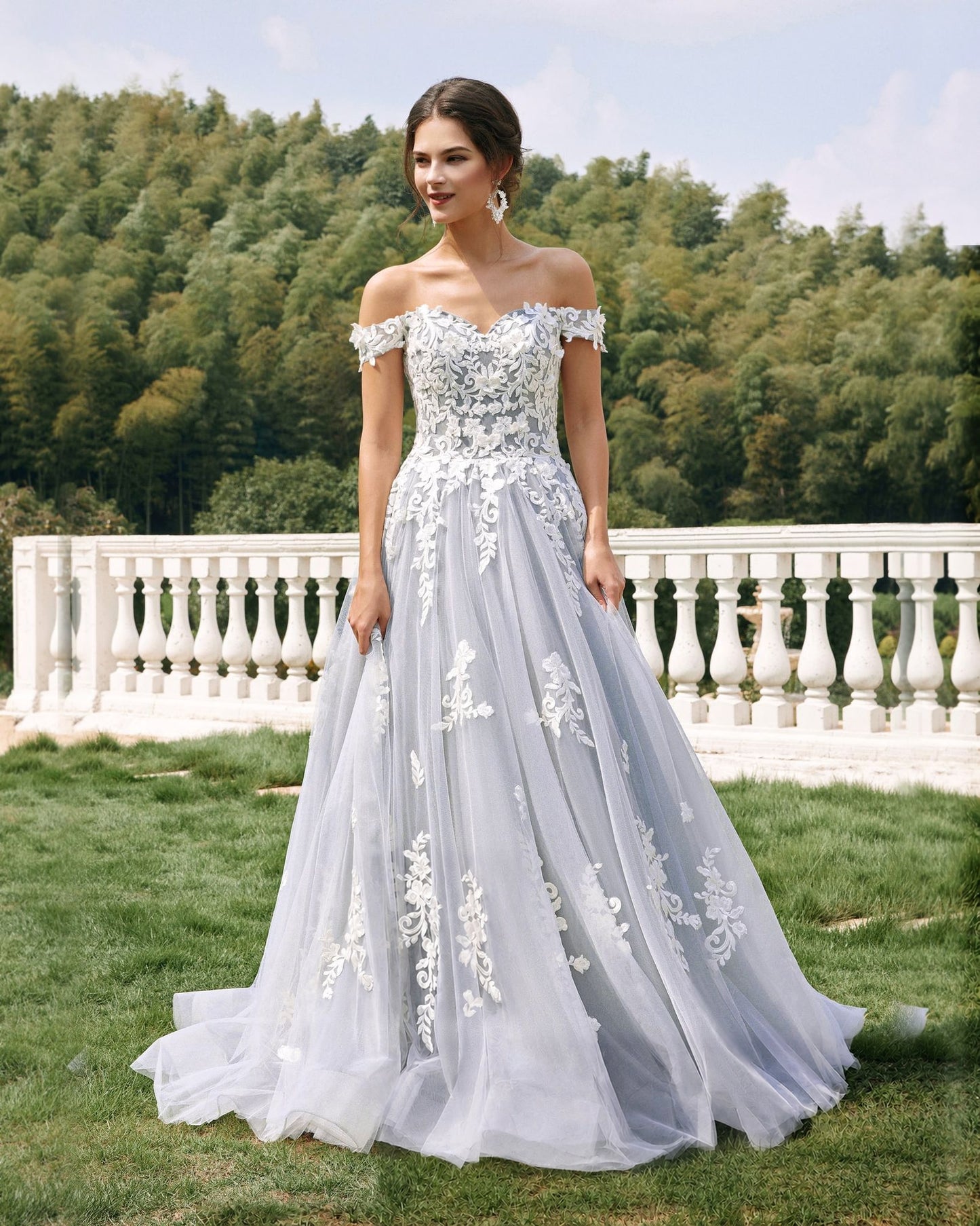 Off-Shoulder Lace Applique Tulle Ball Gown Wedding Dress