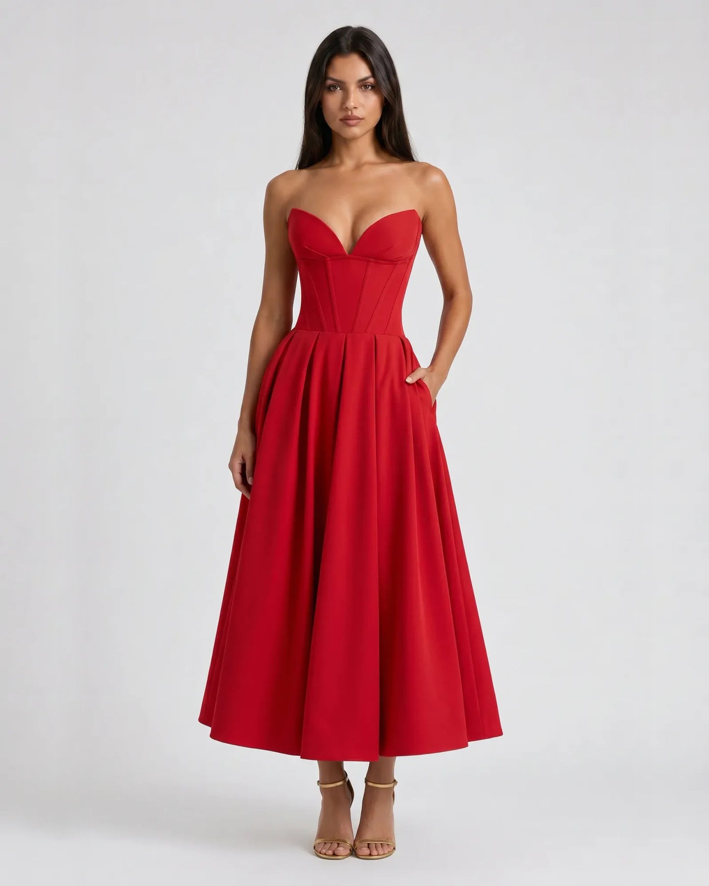 Strapless Sweetheart Corset Satin Midi Formal Dress