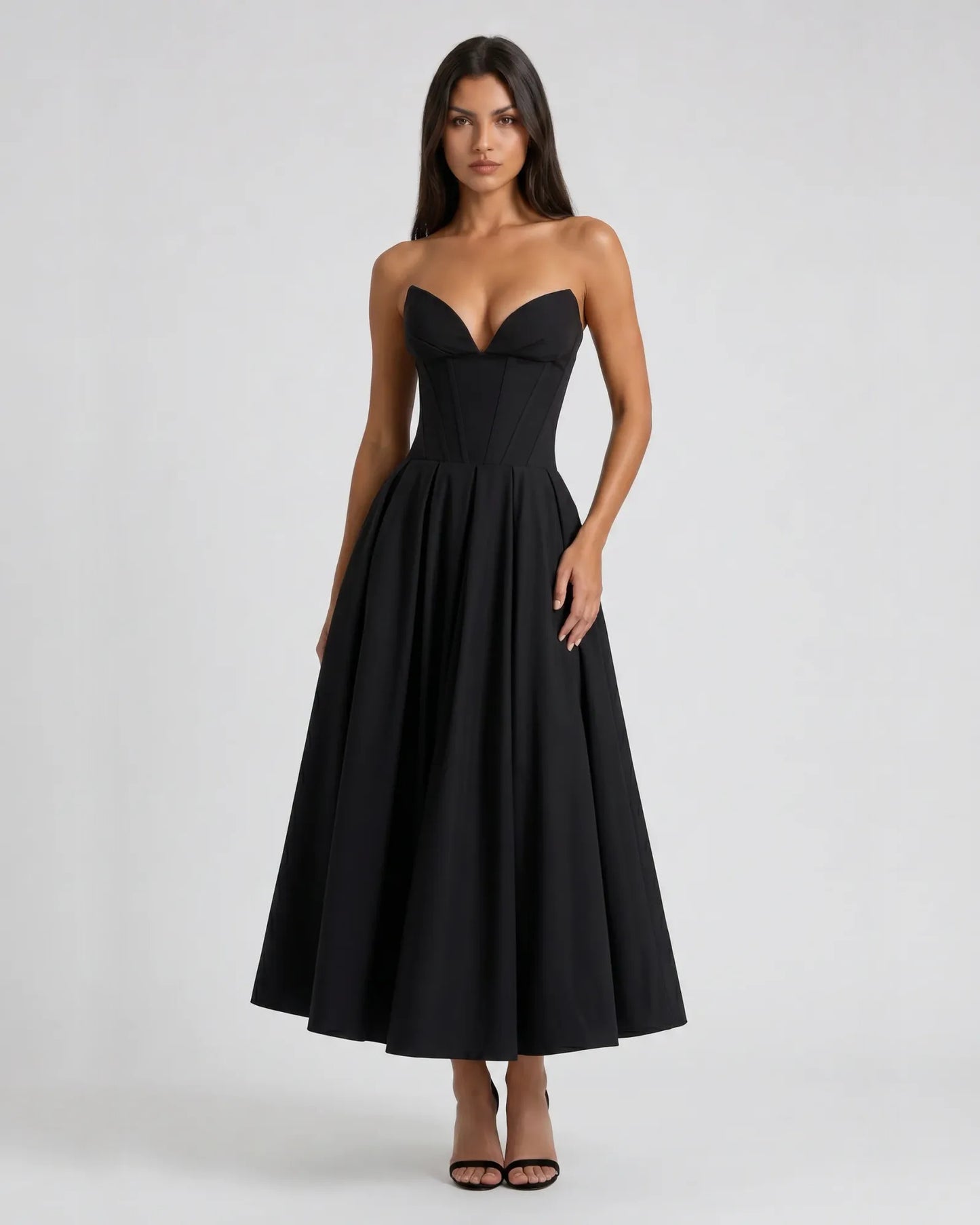 Strapless Sweetheart Corset Satin Midi Formal Dress