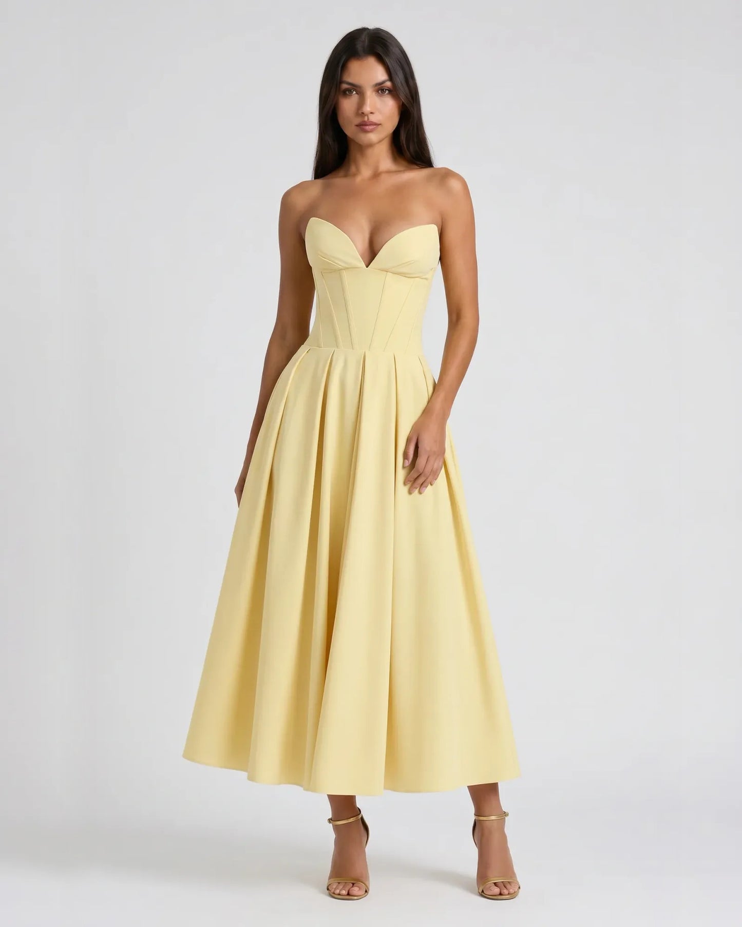 Strapless Sweetheart Corset Satin Midi Formal Dress