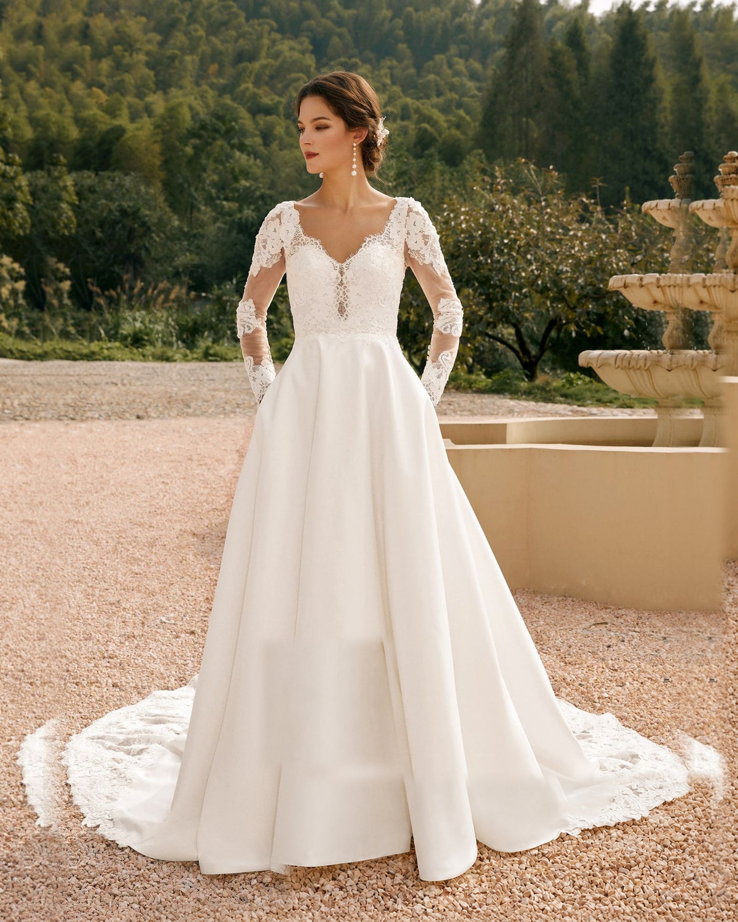 Long Sleeve Lace Bodice Satin A-Line Wedding Dress